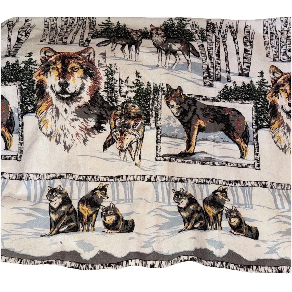 Vtg Blanket Wolves Acrylic Stiff Winter Wooded Scene Birch Trees 60 X 86"  Twin